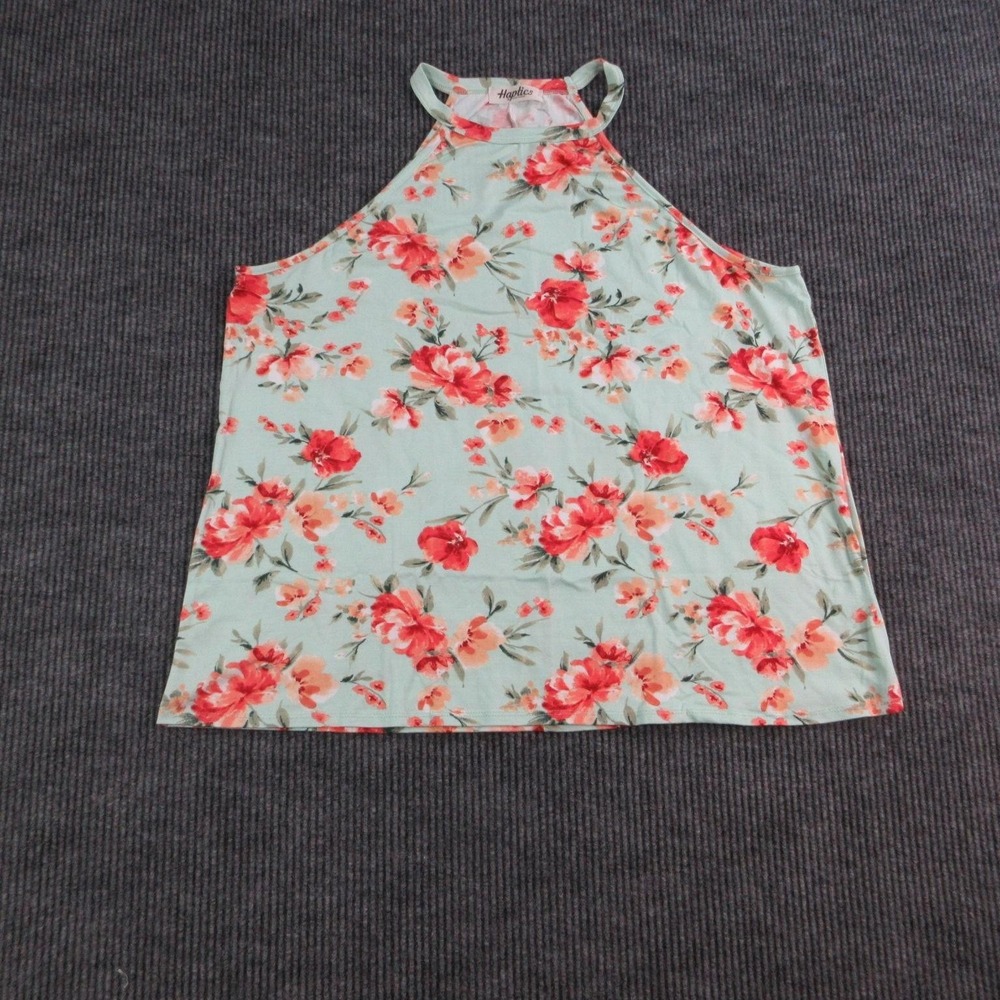 Haptics Tank Womens 2X Green Floral Halter Jersey Stretch Lightweight Pullover